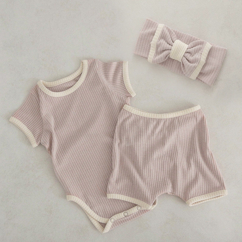 Baby Unisex Solid Color Comfy Cotton Onesies & Shorts Sets With Headband-2
